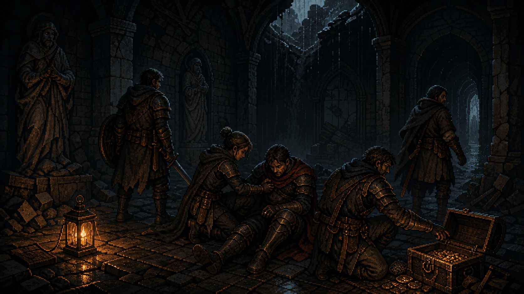 Pixel art heroes choosing between helping a wounded companion, guarding the path, taking treasure, and leaving