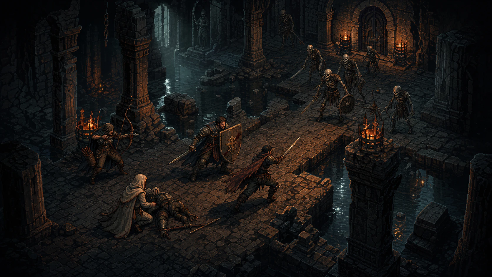 Pixel art party making different choices during a battle with skeletons in a flooded crypt
